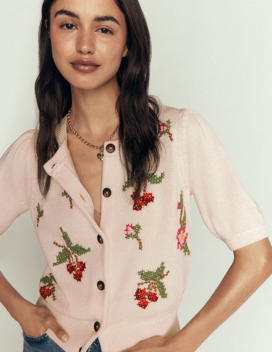 Puff Sleeve Cotton Cardigan-Warm Ivory, Embroidered