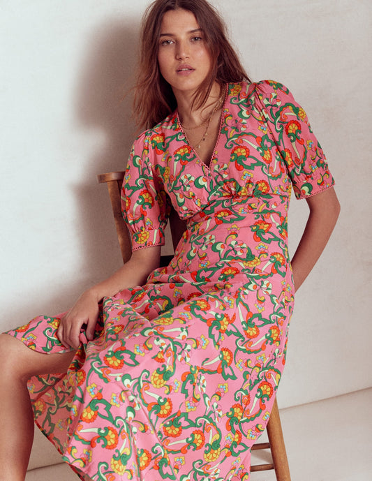 Rosie Godet Tea Dress-Pink Rose, Foliage Trail