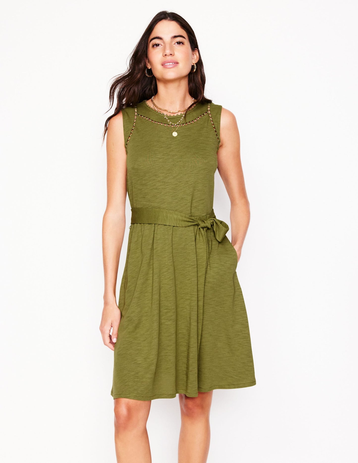Mila Trim Short Jersey Dress-Deep Olive