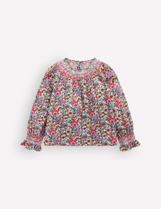 Smocked Printed Blouse-Soft Cream Floral Field