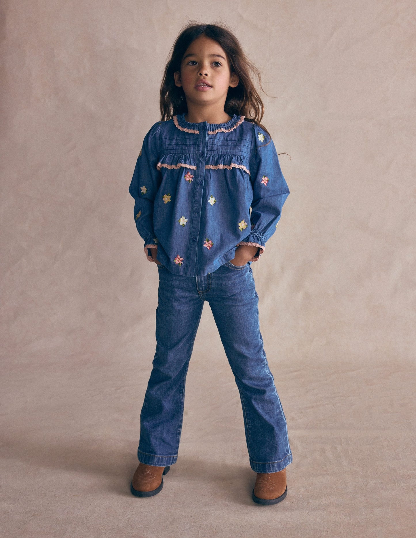 Frill Button Through Top-Chambray Embroidery