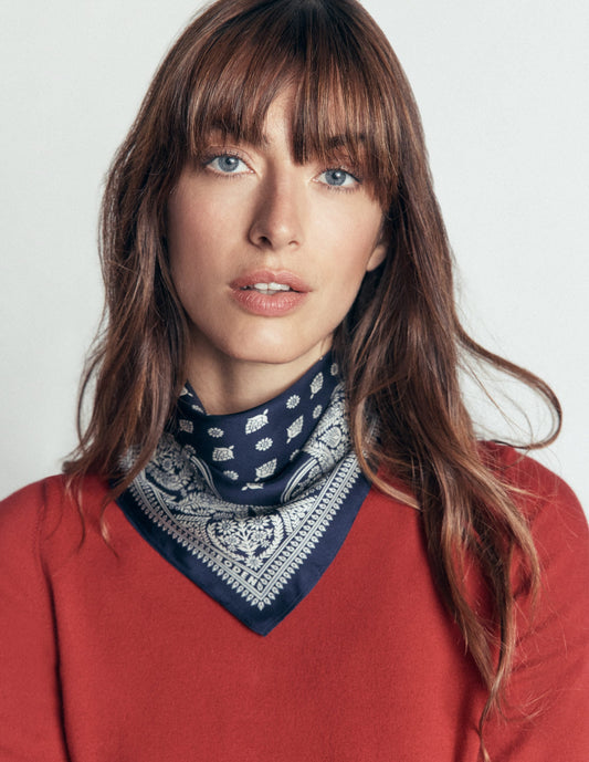 Elisabeth Silk Square Scarf-French Navy, Ornate Gardenia