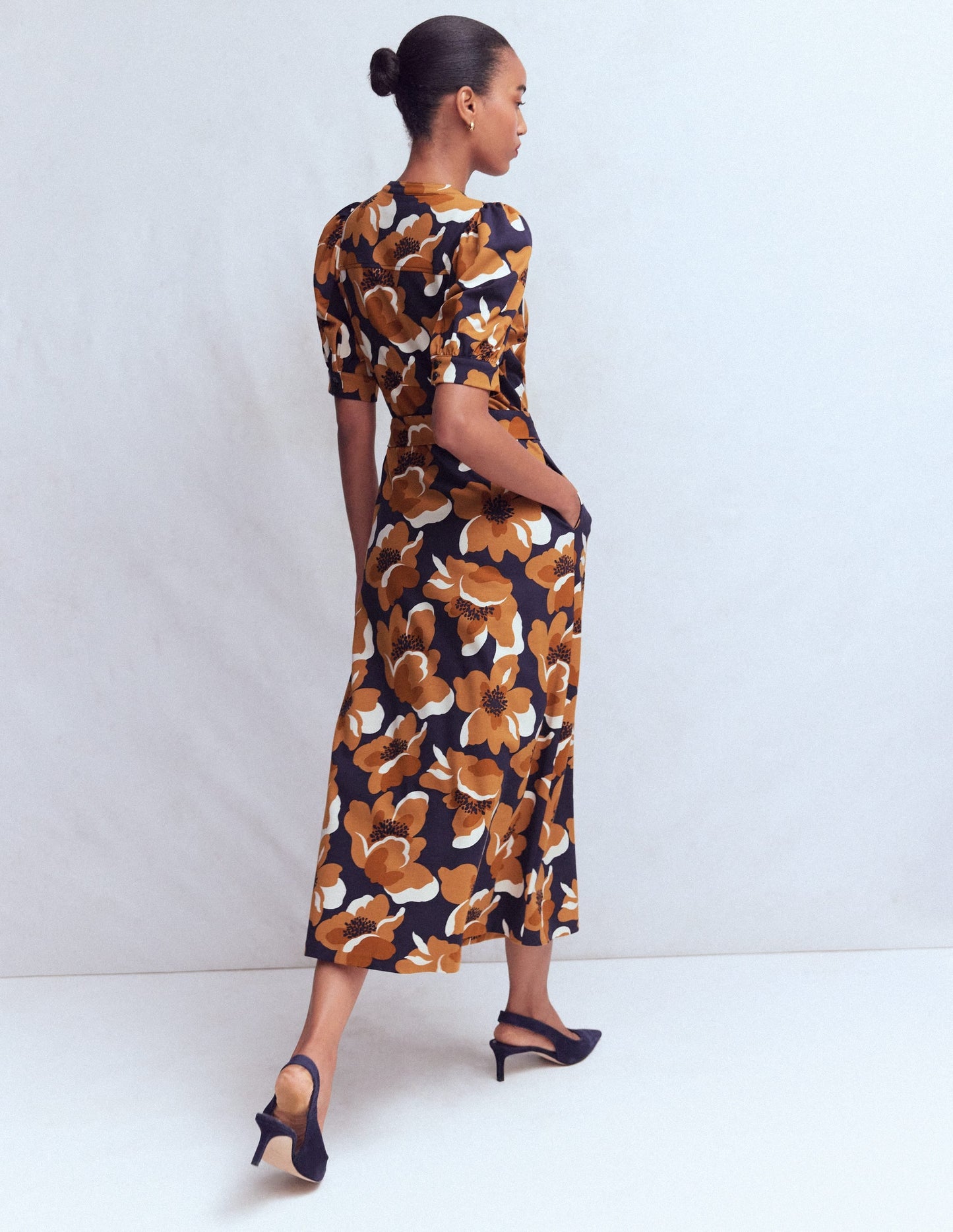 Puff Sleeve Ponte Shirt Dress-French Navy, Flowering Garden