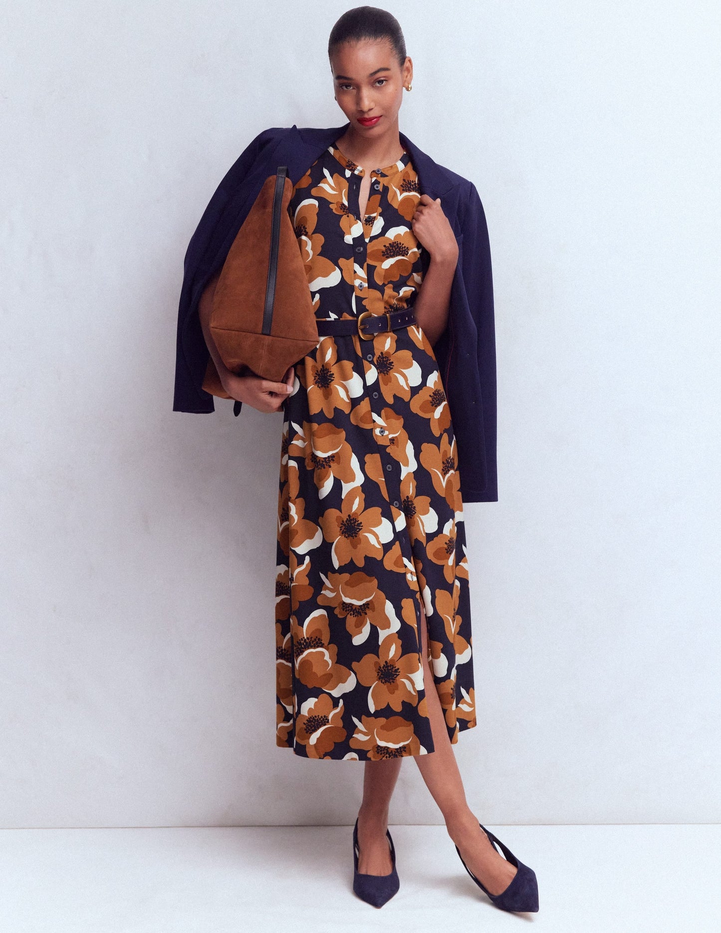 Puff Sleeve Ponte Shirt Dress-French Navy, Flowering Garden