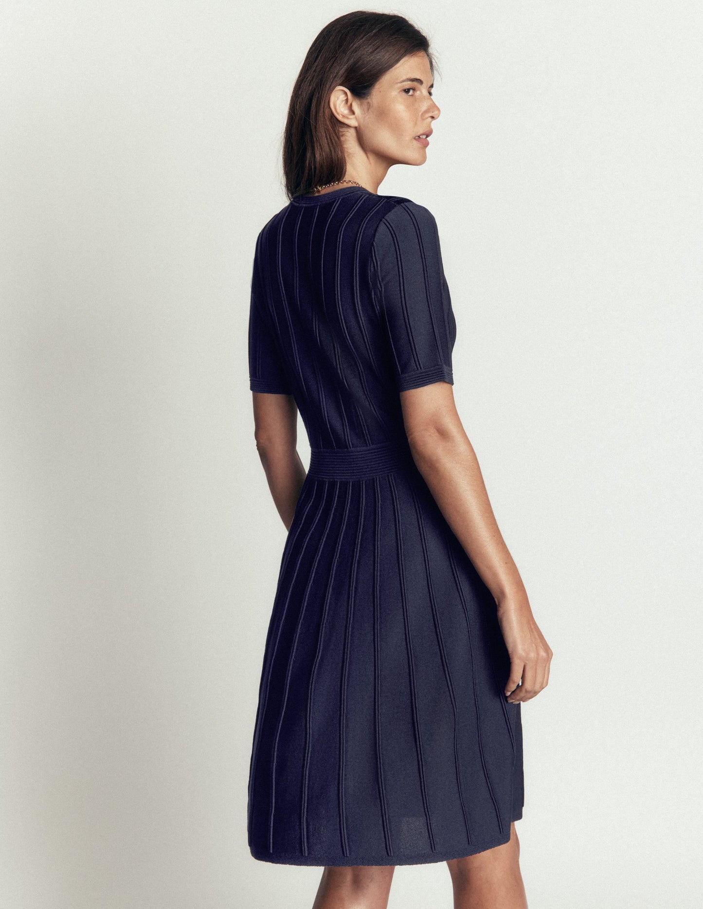 Button Front Stitch Dress-Navy