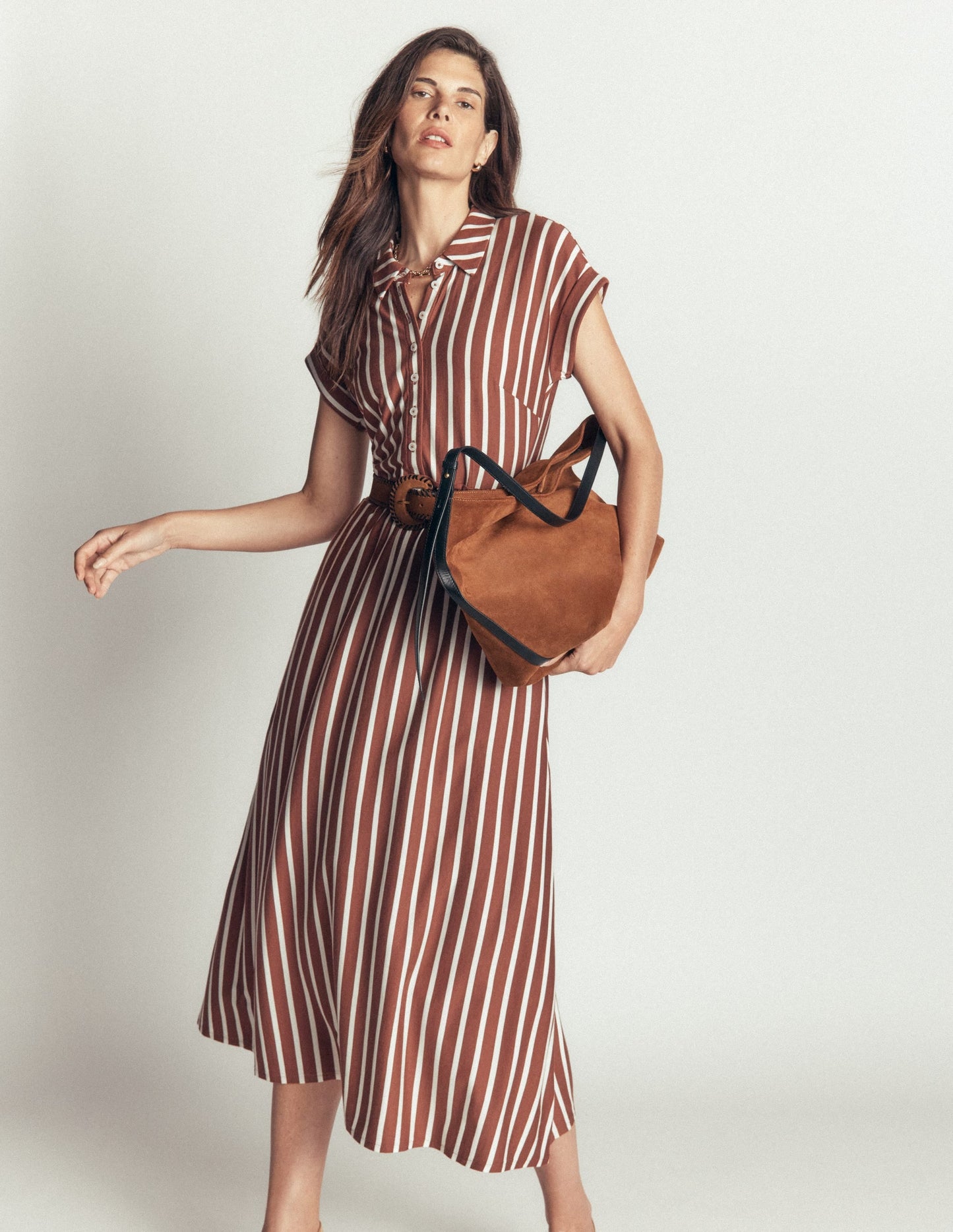 Fae Jersey Shirt Dress-Brown Stripe