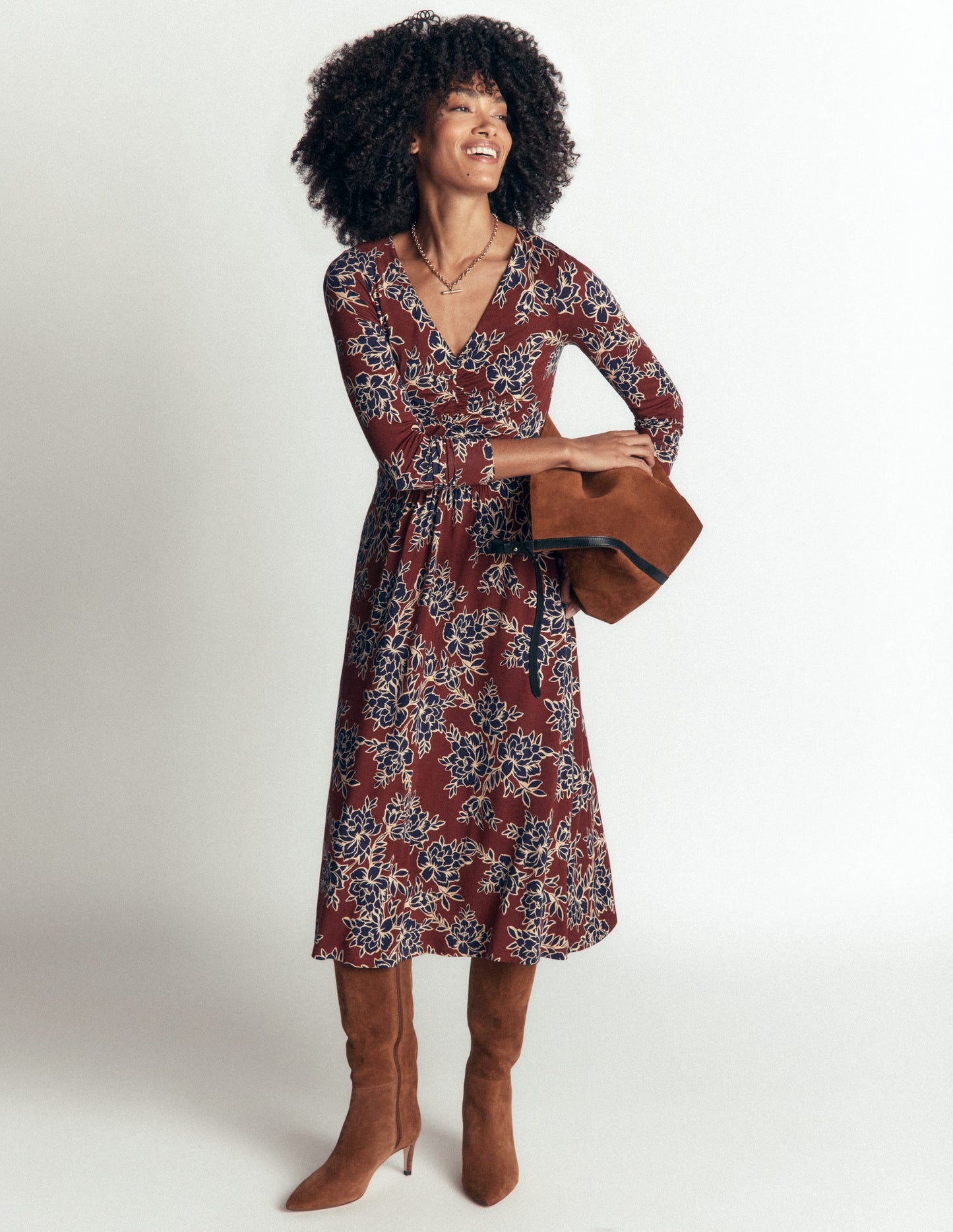 Jasmine Ruched Jersey Dress-Roasted Brown, Enchanted Peony