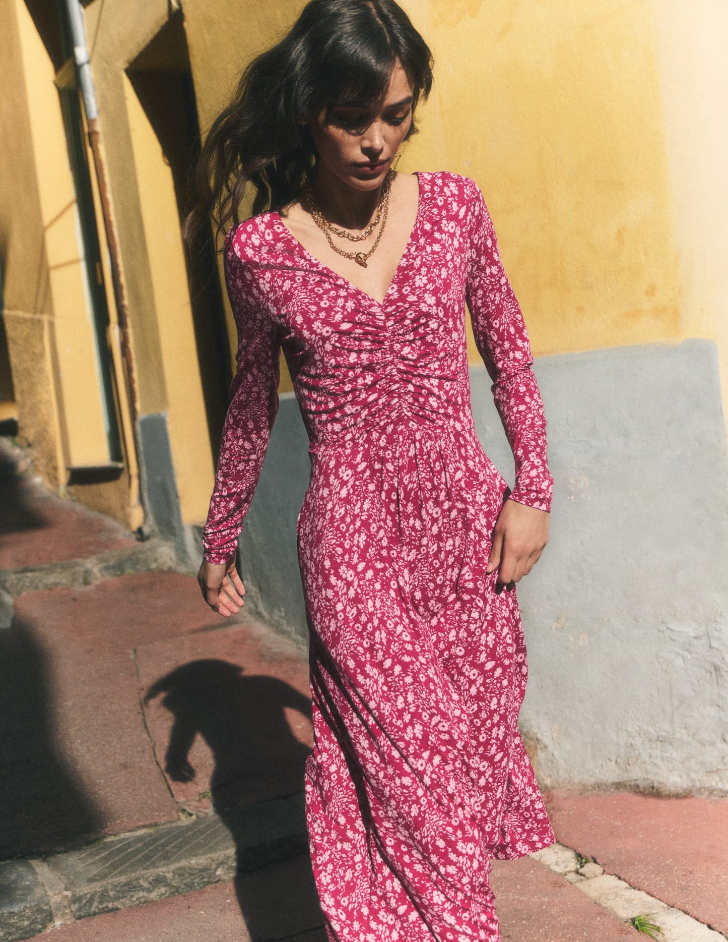 Jasmine Ruched Jersey Dress-Sweet Cherry, Scattered Flora