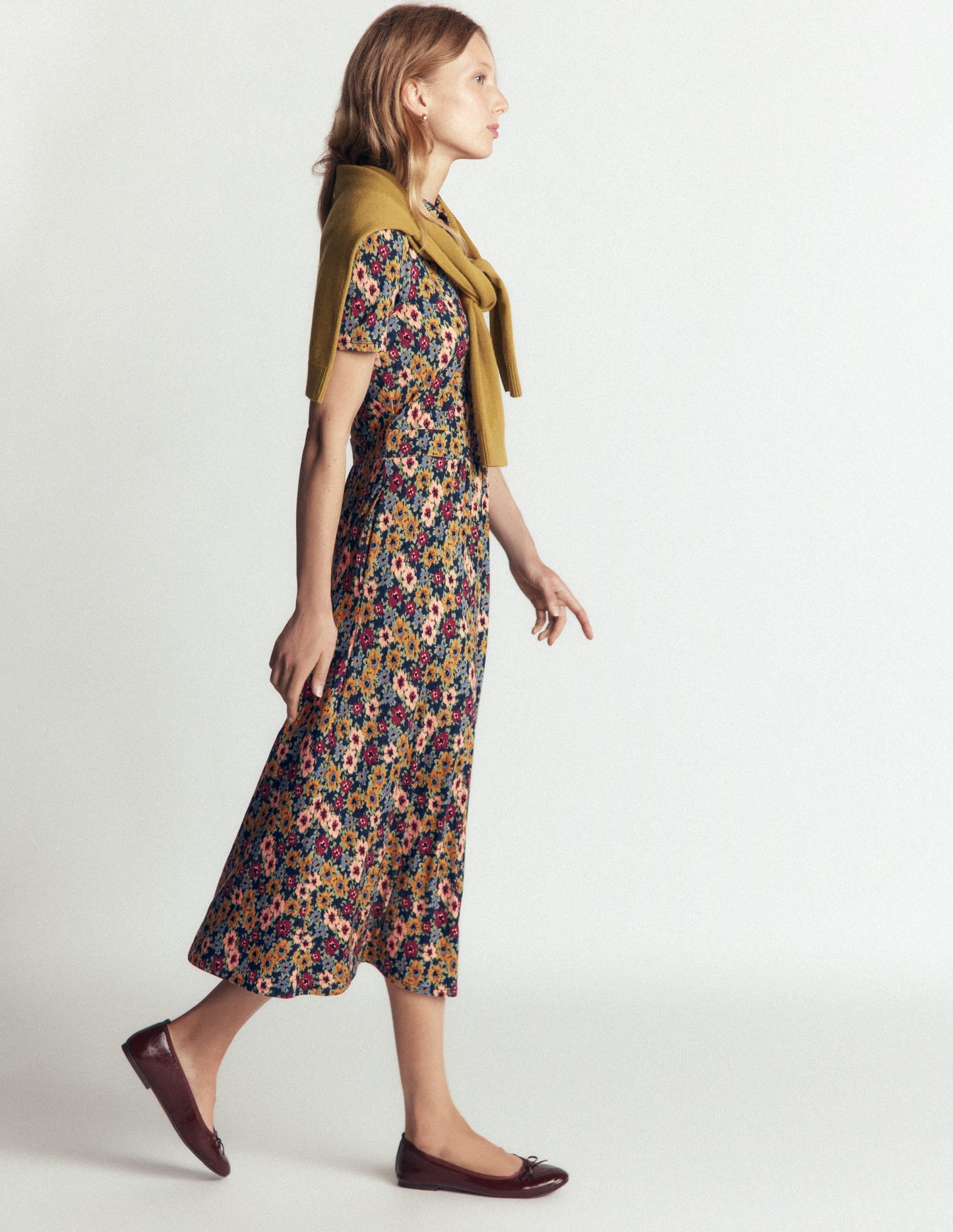 Heidi Jersey Midi Tea Dress-French Navy, Flecked Garden