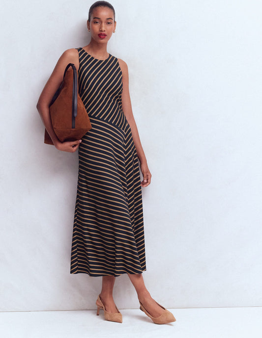 Asymetric Ponte Midi Dress-Navy and Camel Stripe