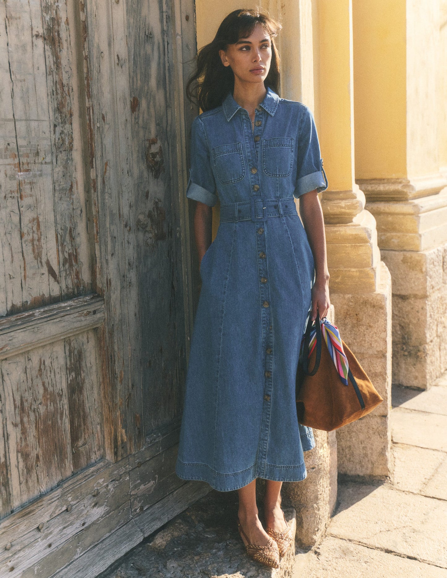 Denim Midi Shirt Dress-Light Vintage