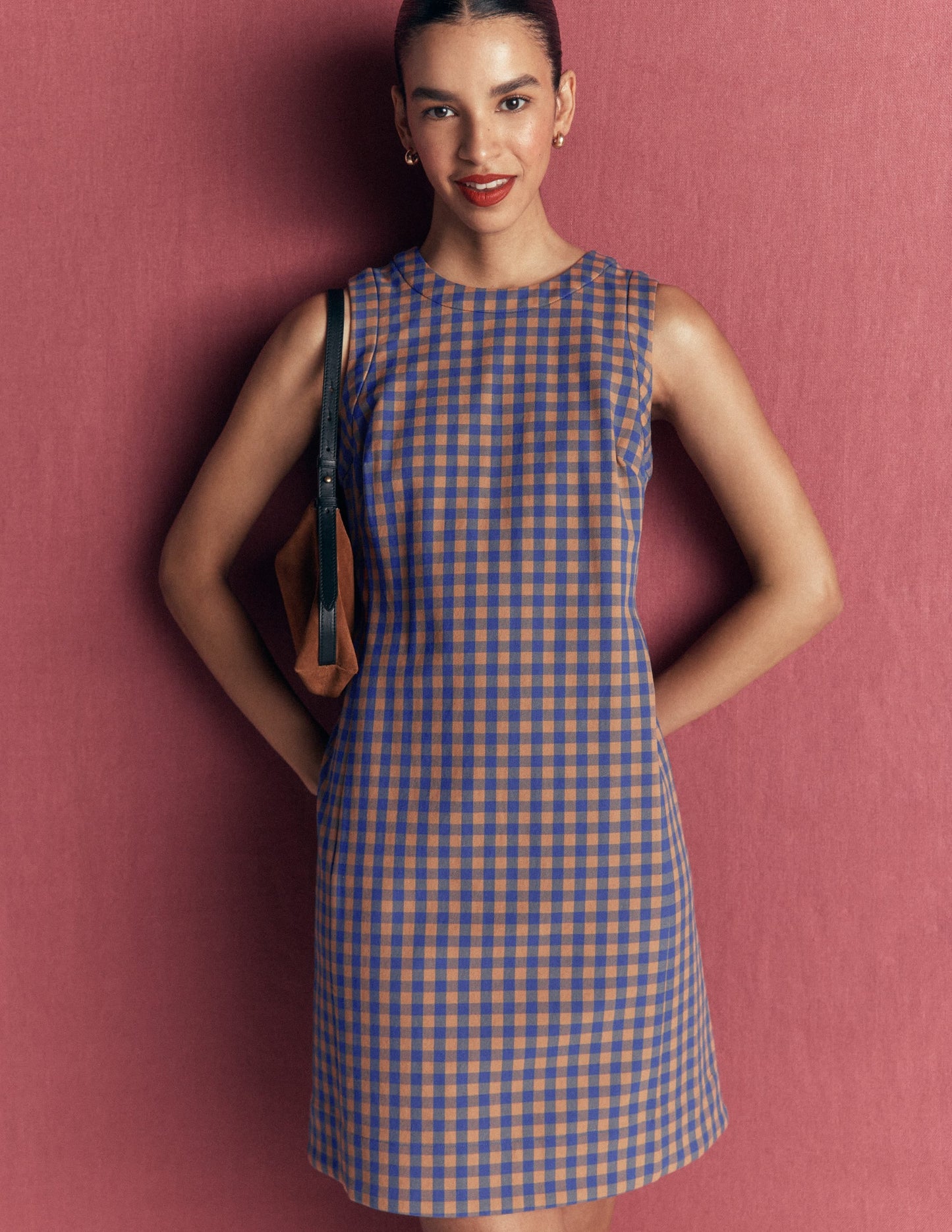 Lou Check Shift Dress-Camel, Blue Gingham