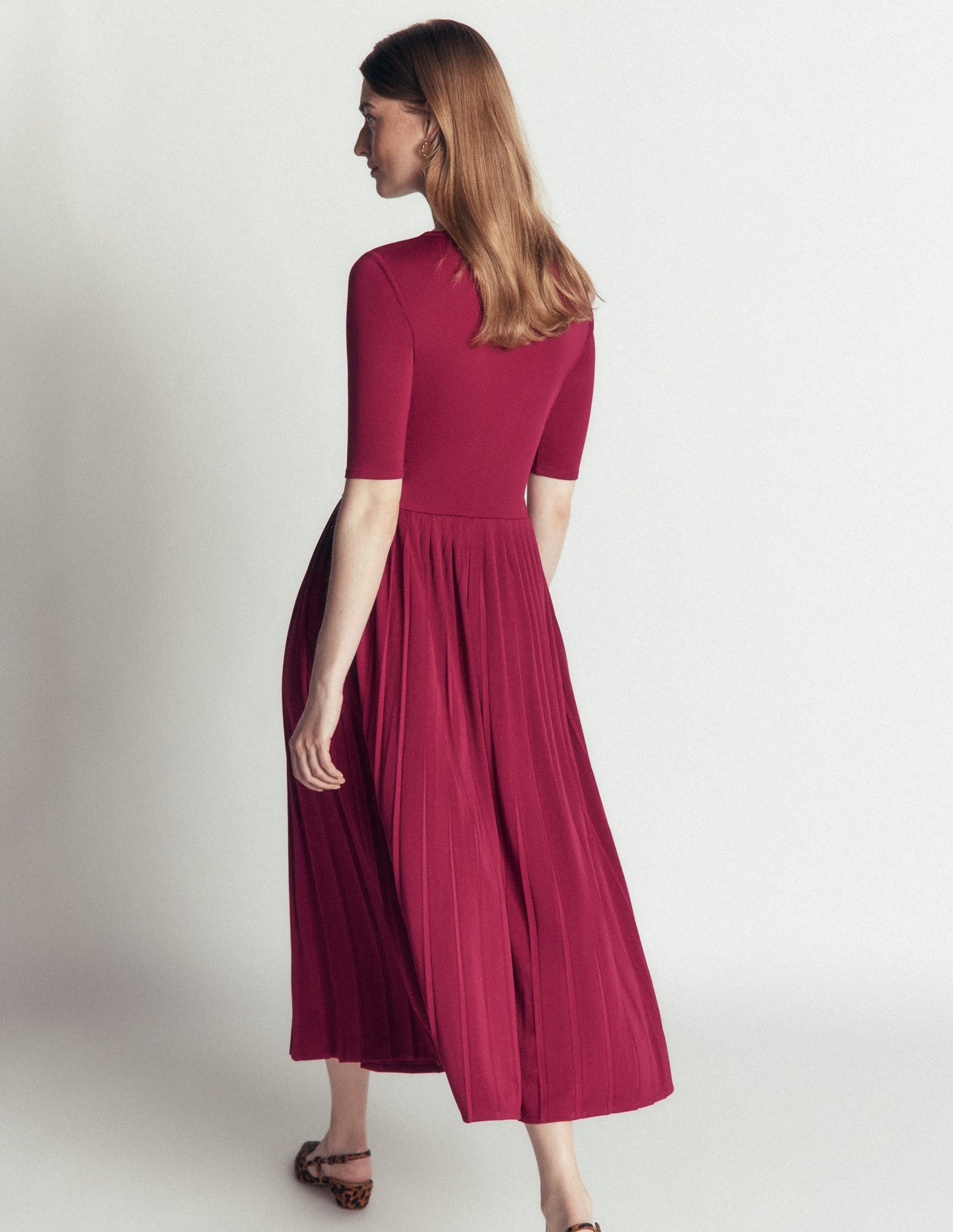 Pleated Jersey Midi Dress-Beetroot Red