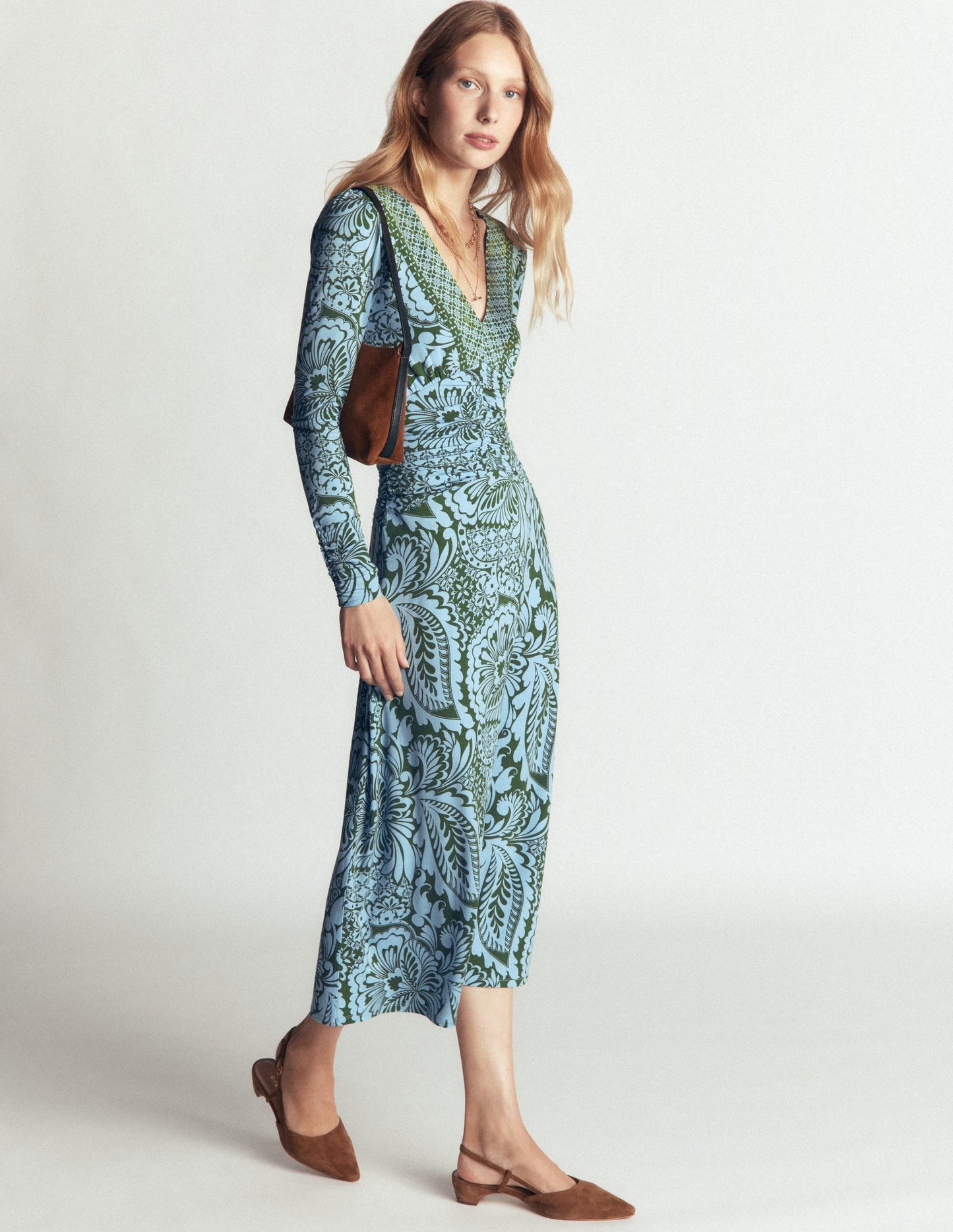 Mya Ruched Jersey Midi Dress-Forest Green, Botanical Medley