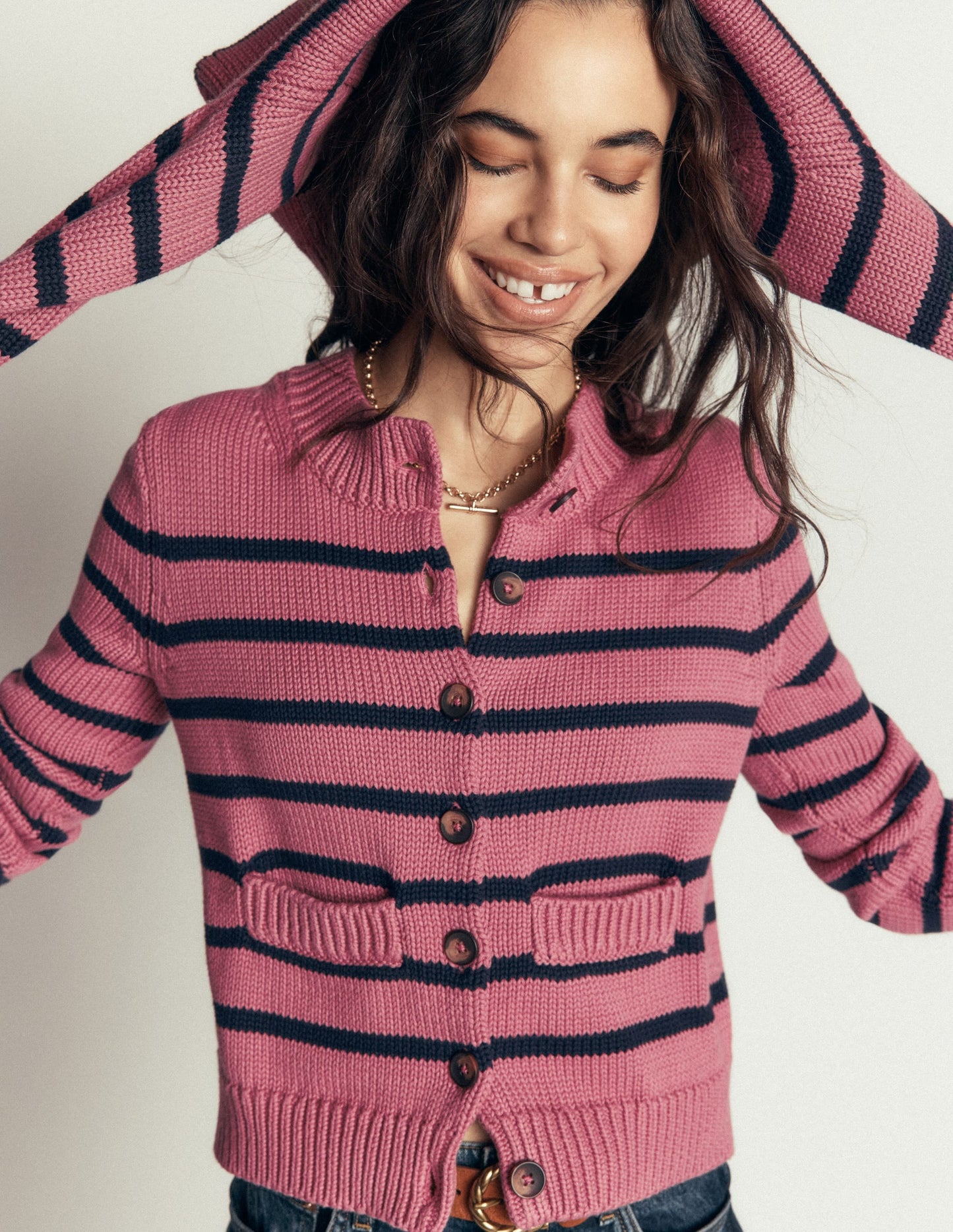 Lucy Chunky Cotton Cardigan-Pink Heather, Navy Stripe