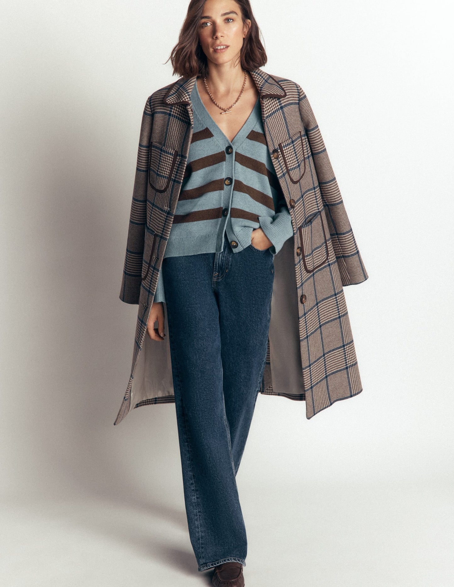 Lucy Relaxed Cotton Cardigan-Pavilion Blue, Brown Stripe