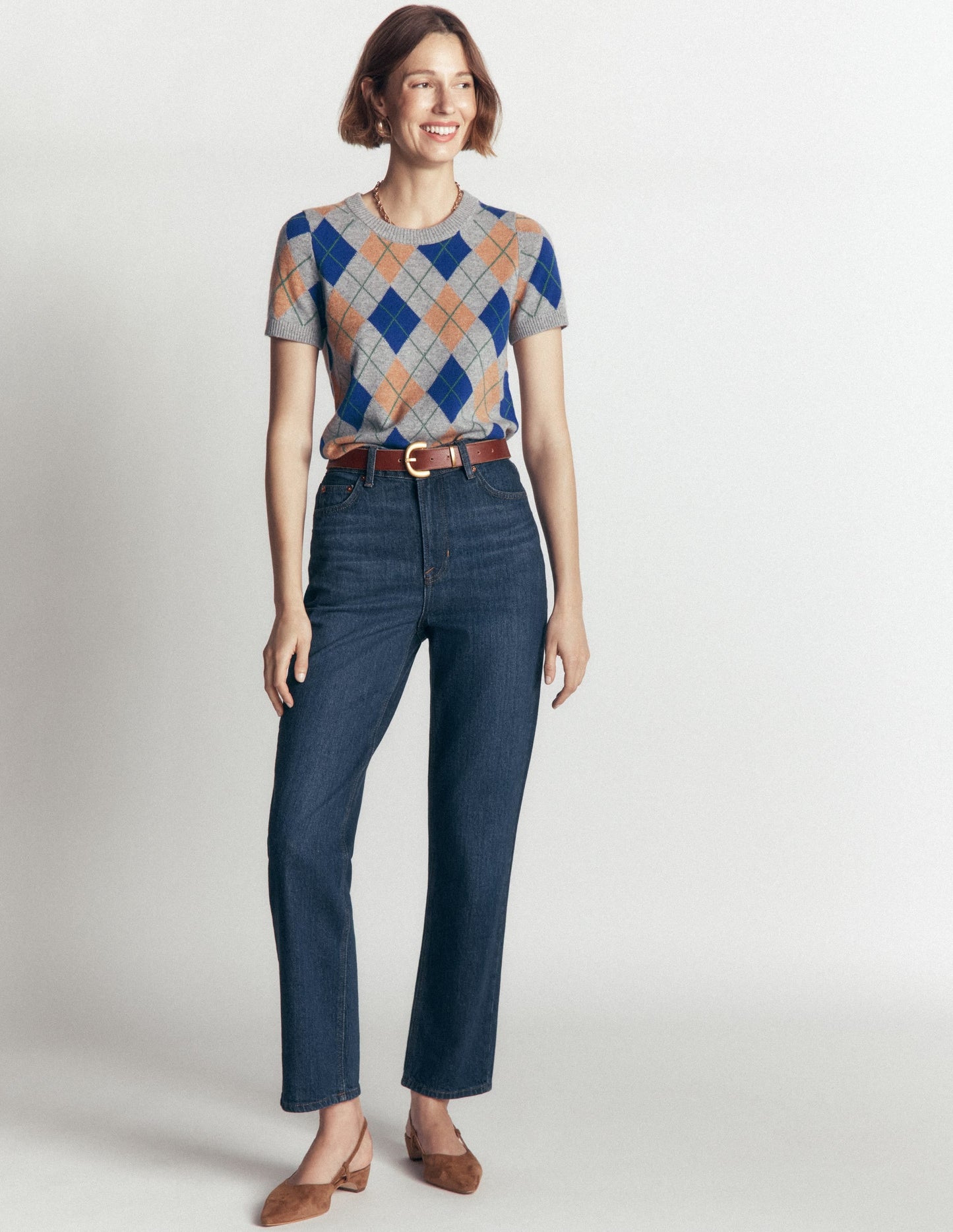 Elsie Cashmere Crew T-shirt-Grey, Argyle