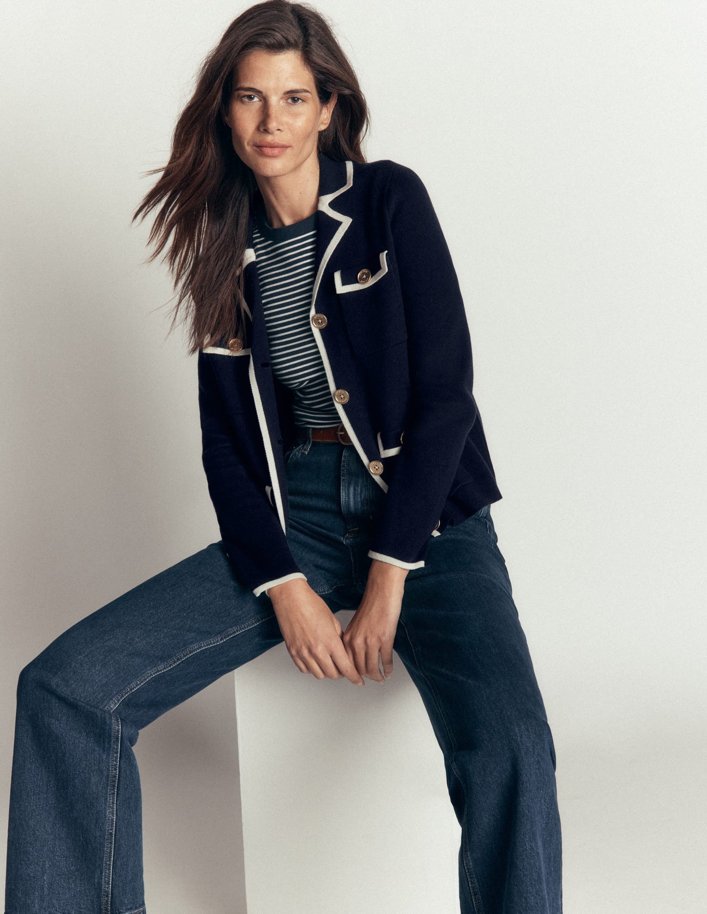 Phoebe Collared Knitted Jacket-Navy