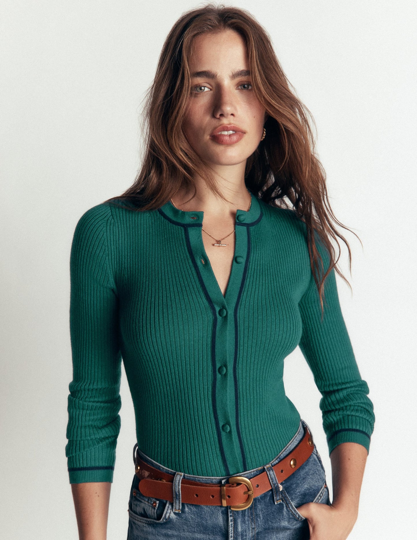 Paula Ribbed Crew Cardigan-Midnight Teal