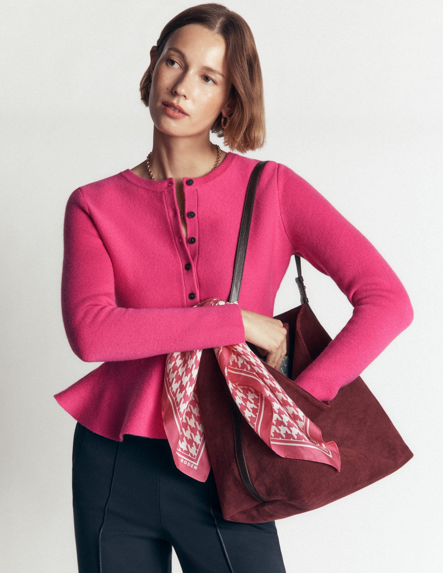 Fitted Wool Peplum Cardigan-Pink
