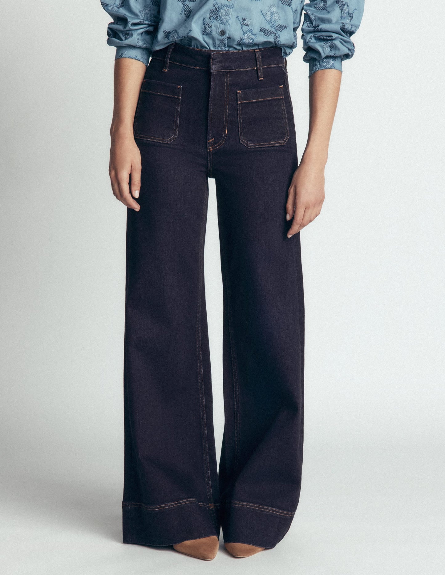 Patch Pocket Flare Jeans-Indigo