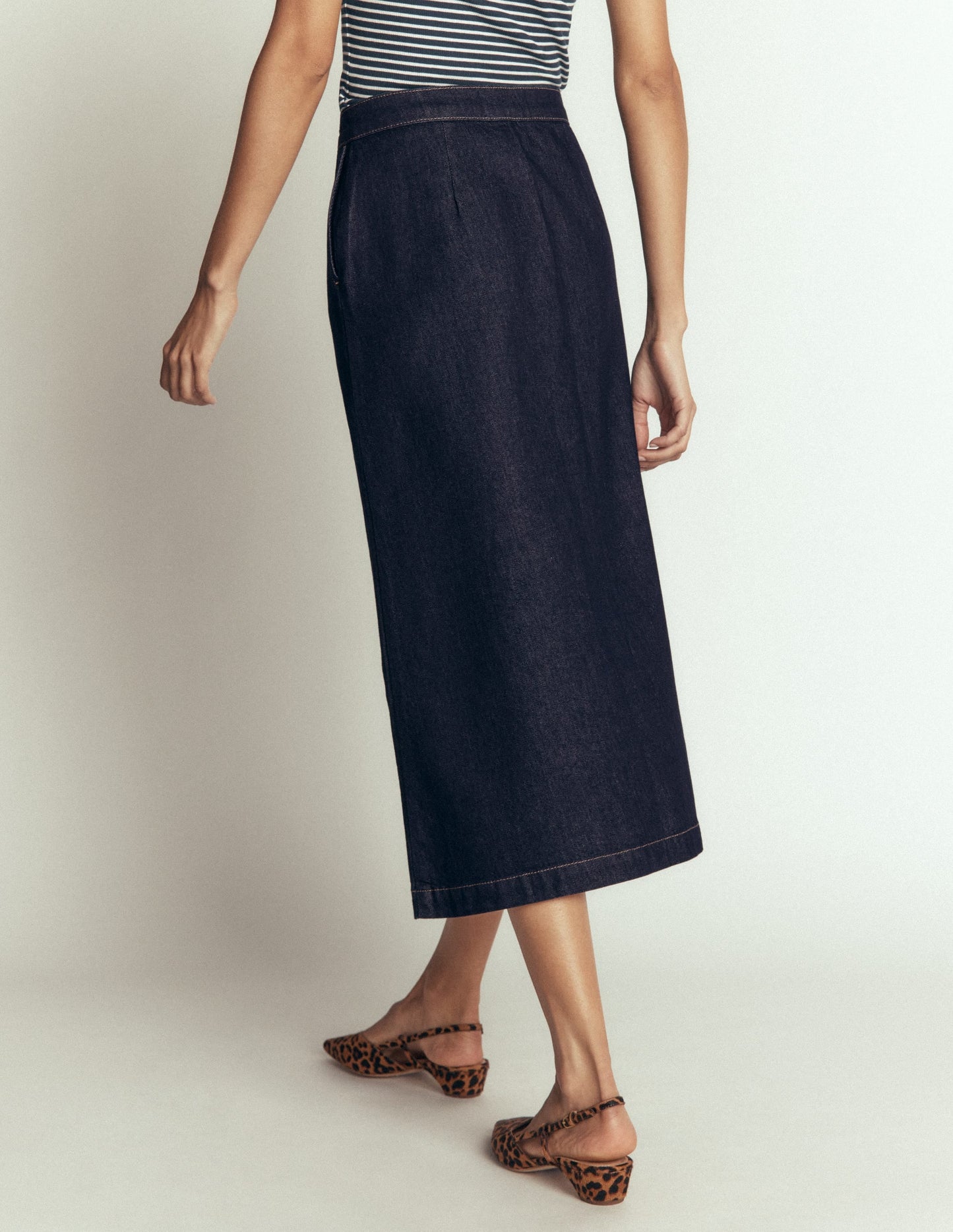 Val Button Denim Midi Skirt-Indigo