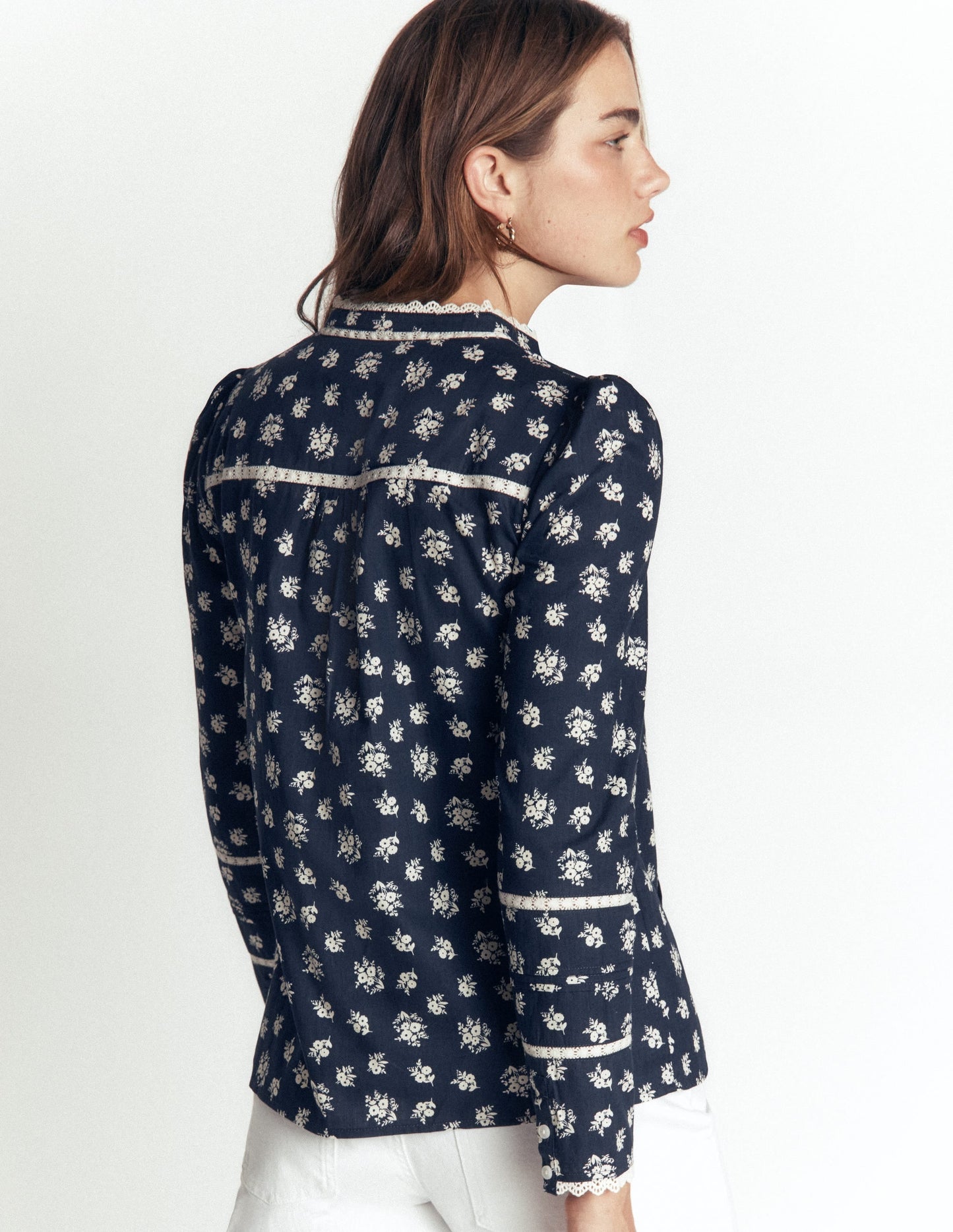 Carmen Lace Trim Cotton Top-French Navy, Delicate Garden
