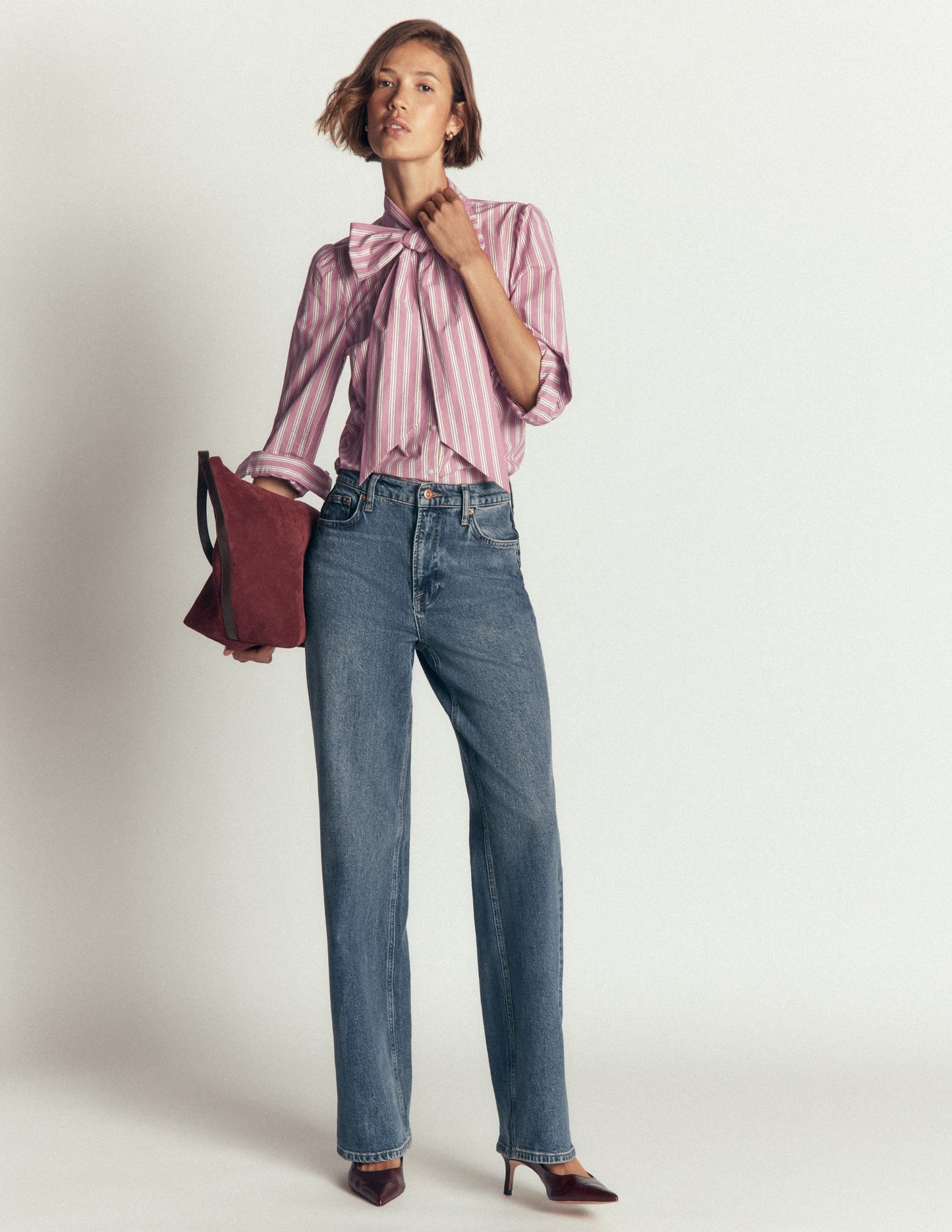 Clara Tie Neck Shirt-Pink, Maroon Tram Stripe