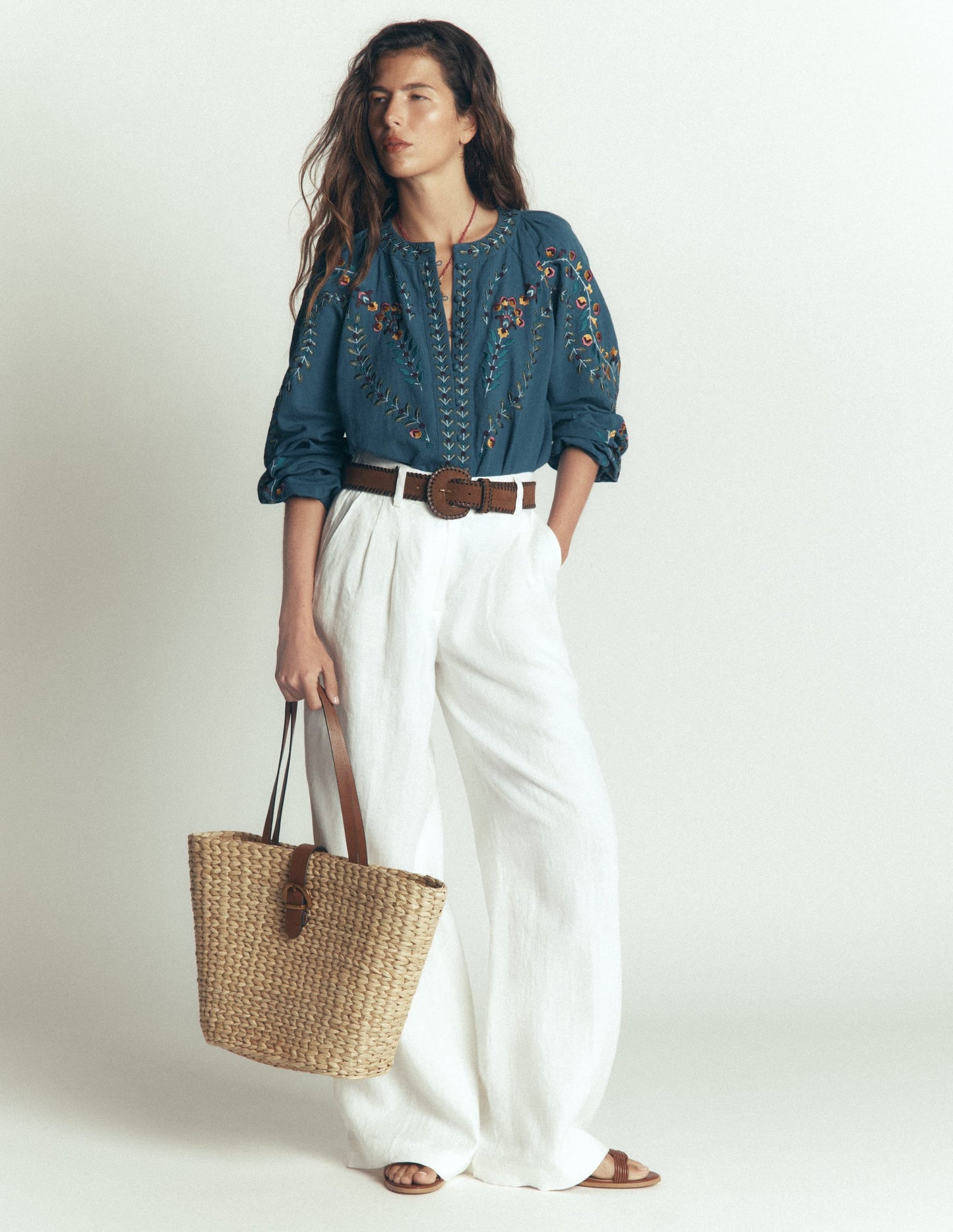 Raglan Embroidered Top-Mid Blue
