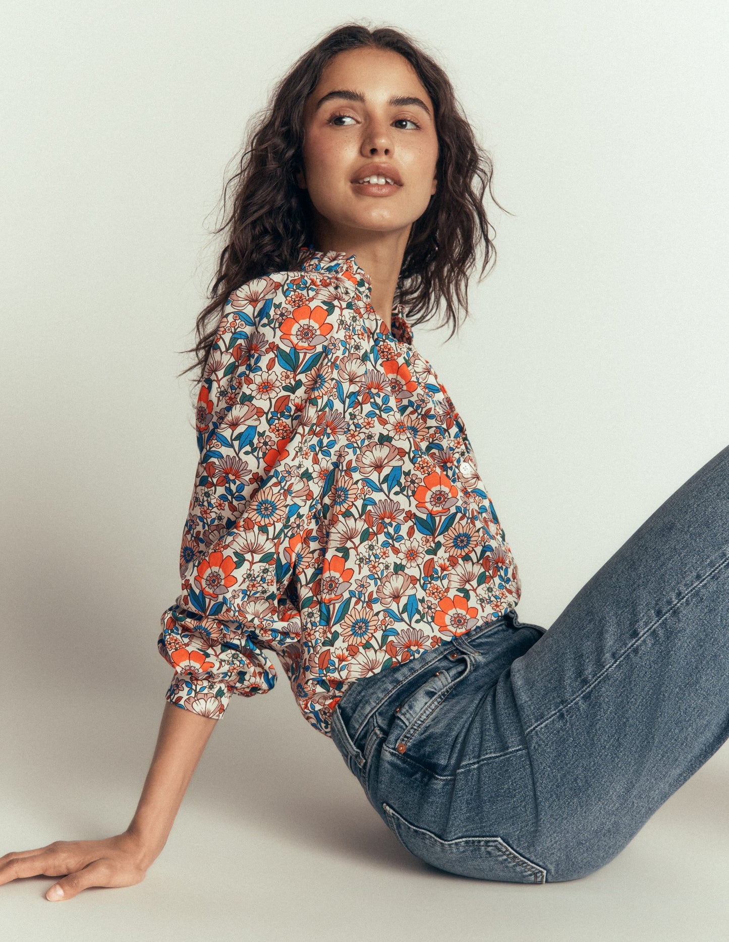 Erica Cotton Frill Top-Ivory, Floral Field