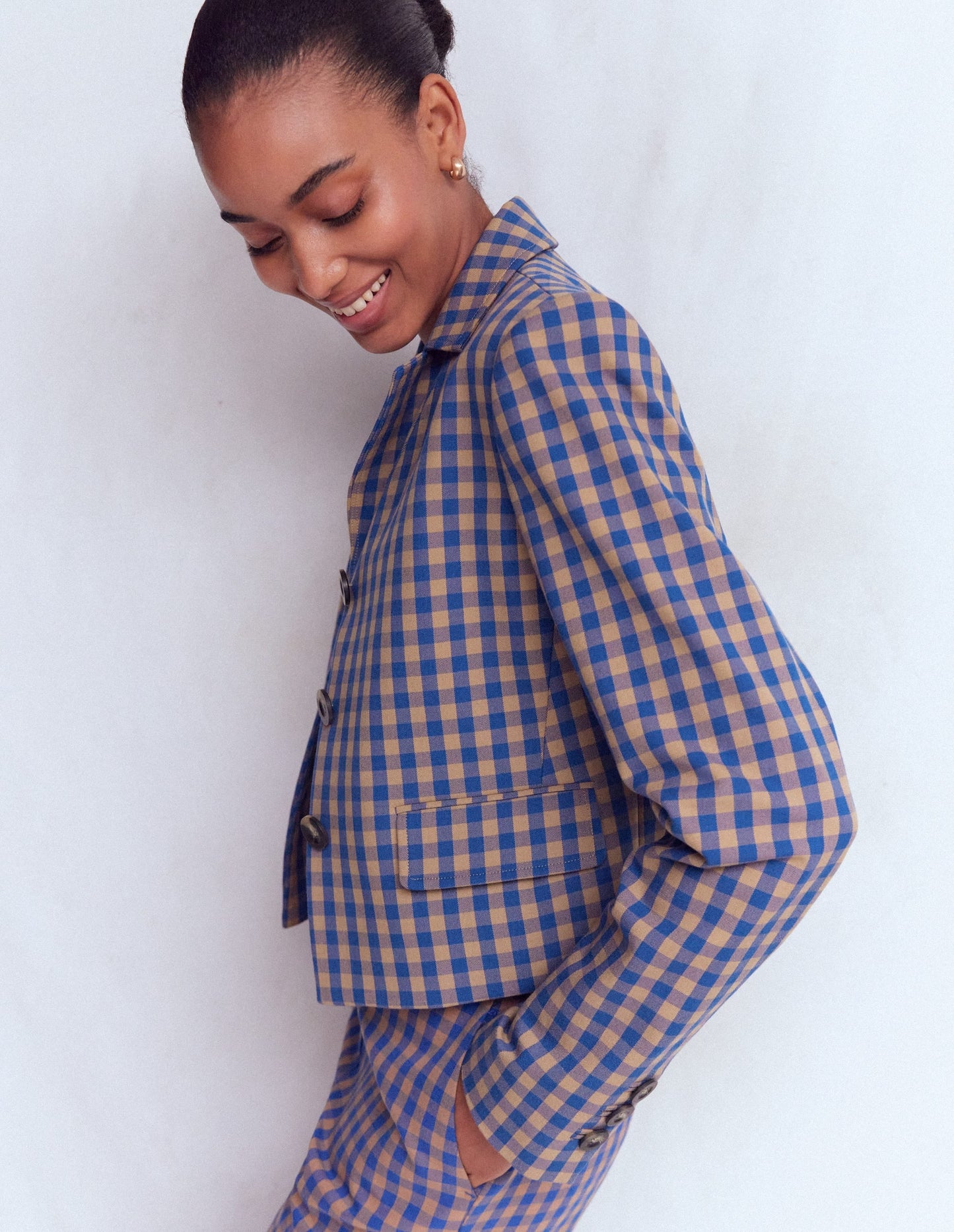 Dartmouth Cotton Blazer-Camel, Blue Gingham