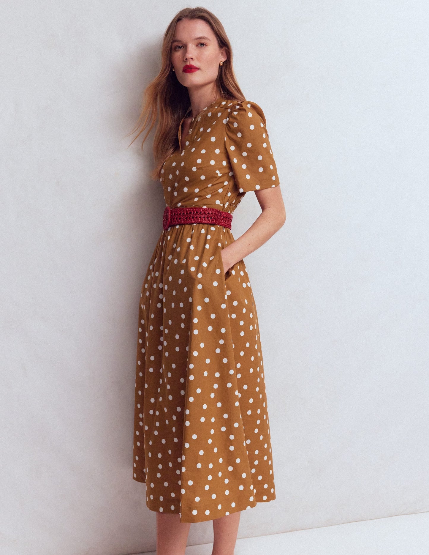 Ivy Button Cotton Midi Dress-Brown Painted Dot Spaced