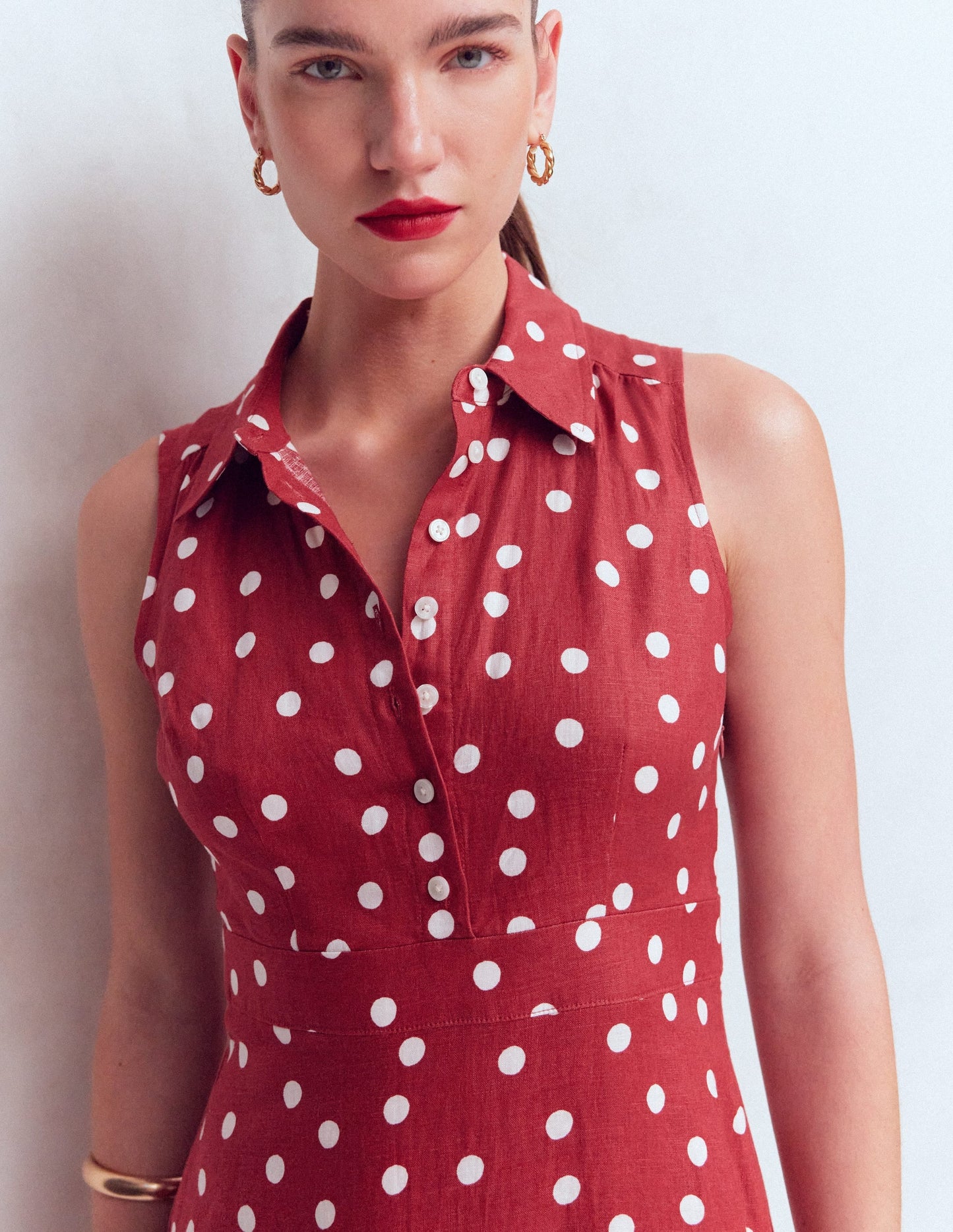 Erma Drop Waist Linen Dress-Red Painted Dot Spaced
