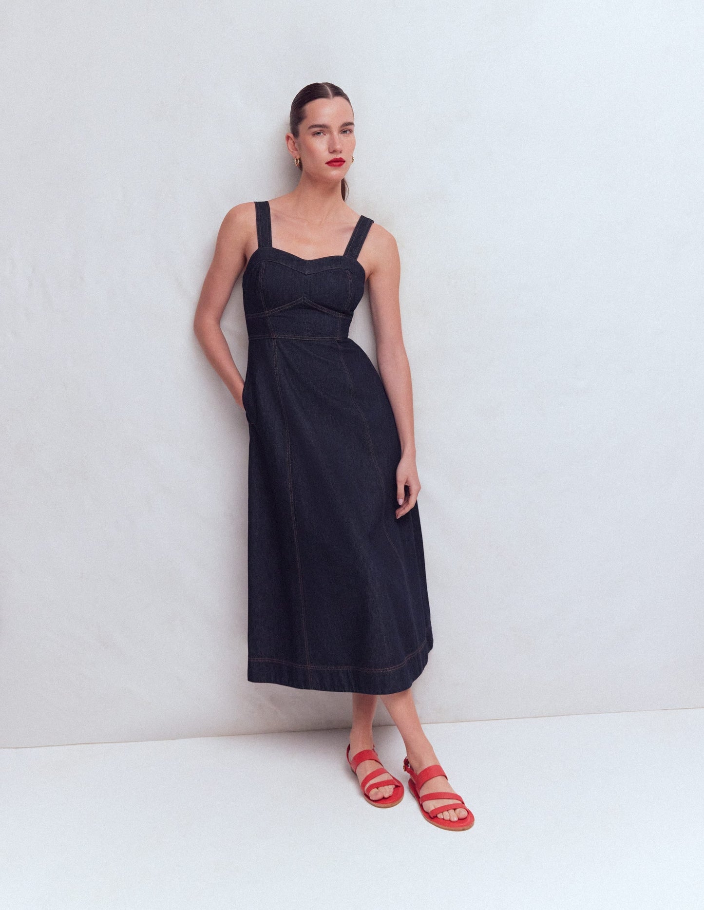 Panelled Bodice Denim Dress-Indigo