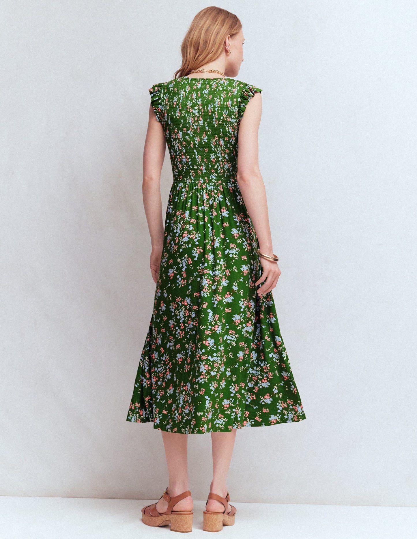 Smocked Jersey Midi Dress-Promenade Green, Bloom Scatter