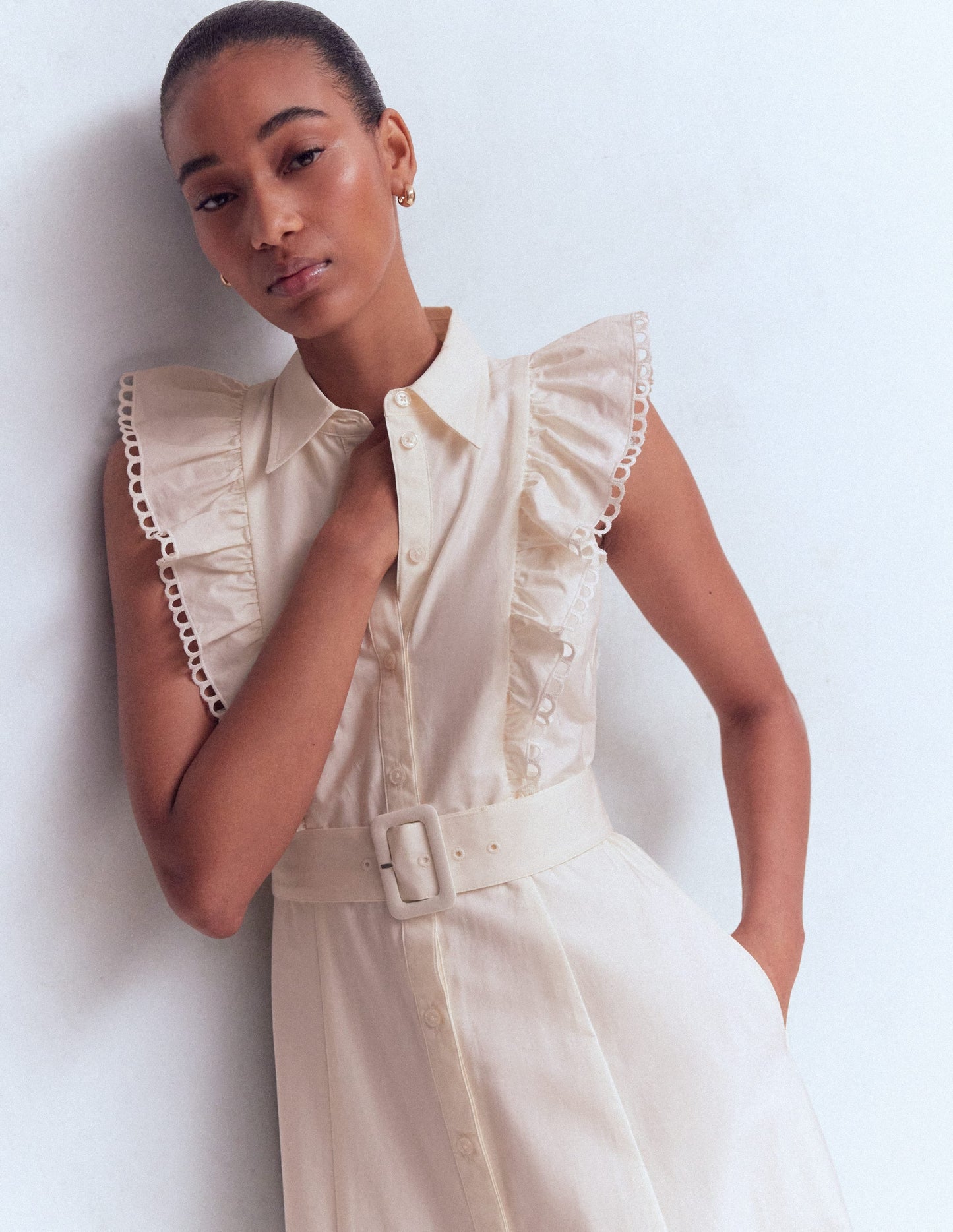 Ruffle Bodice Shirt Dress-White Broderie Trim
