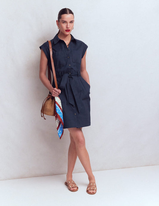 Short Belted Shirt Dress-Navy