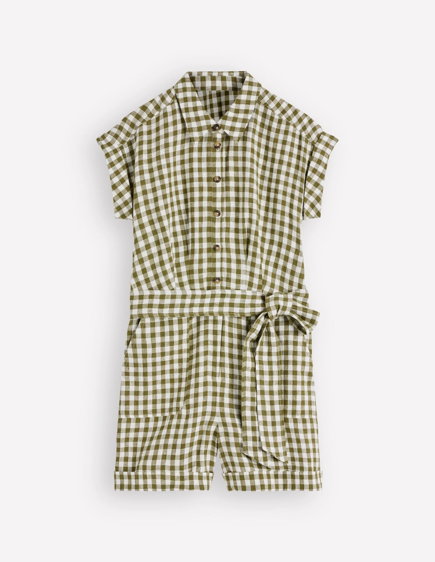 Kay Linen Playsuit-Olive, Ivory Gingham