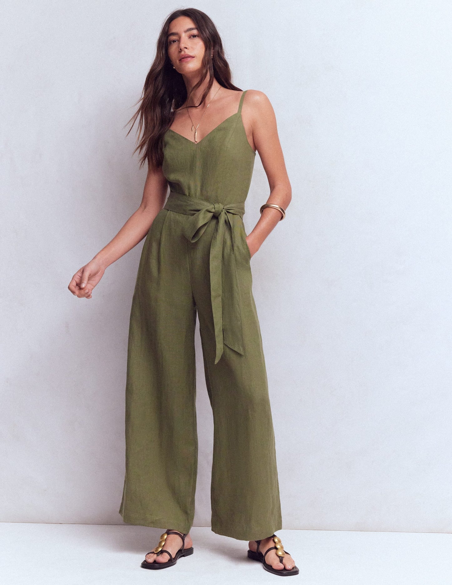 Linen Strappy Jumpsuit-Winter Moss
