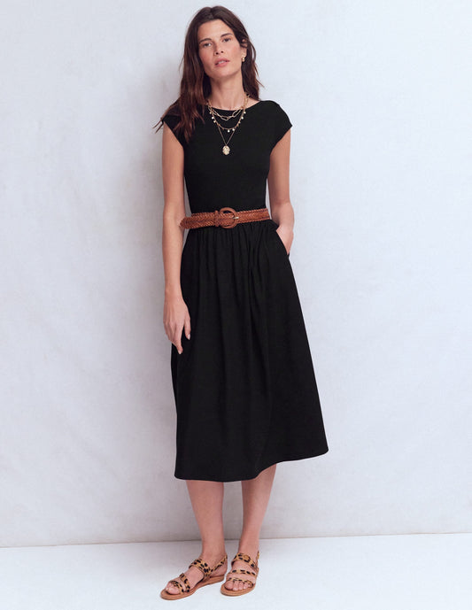 Boat Neck Mix Dress-Black