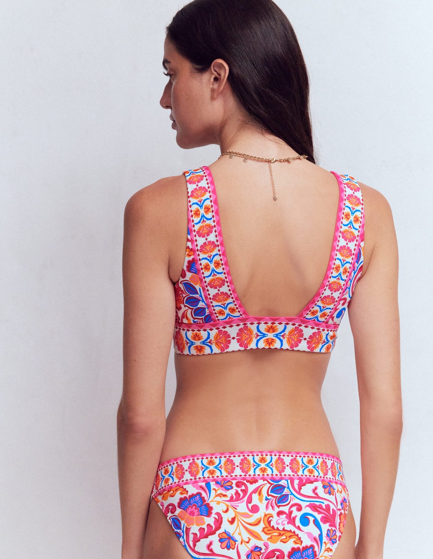 Porto V-neck Bikini Top-Pink Power, Flourishing Meadow