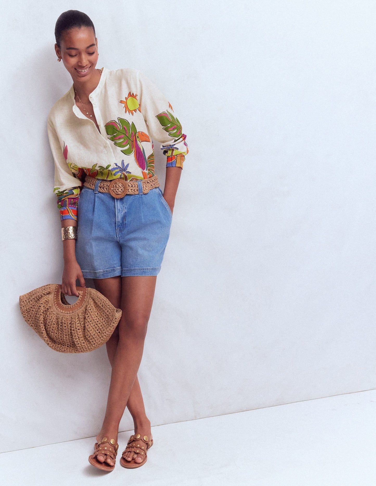 Longline Linen Shirt-Multi, Tropical Village