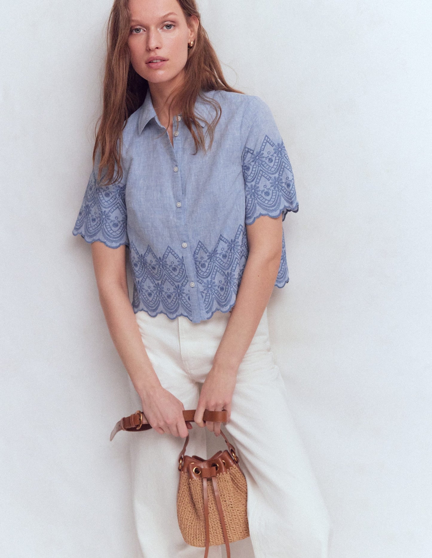 Short Sleeve Broderie Shirt-Chambray