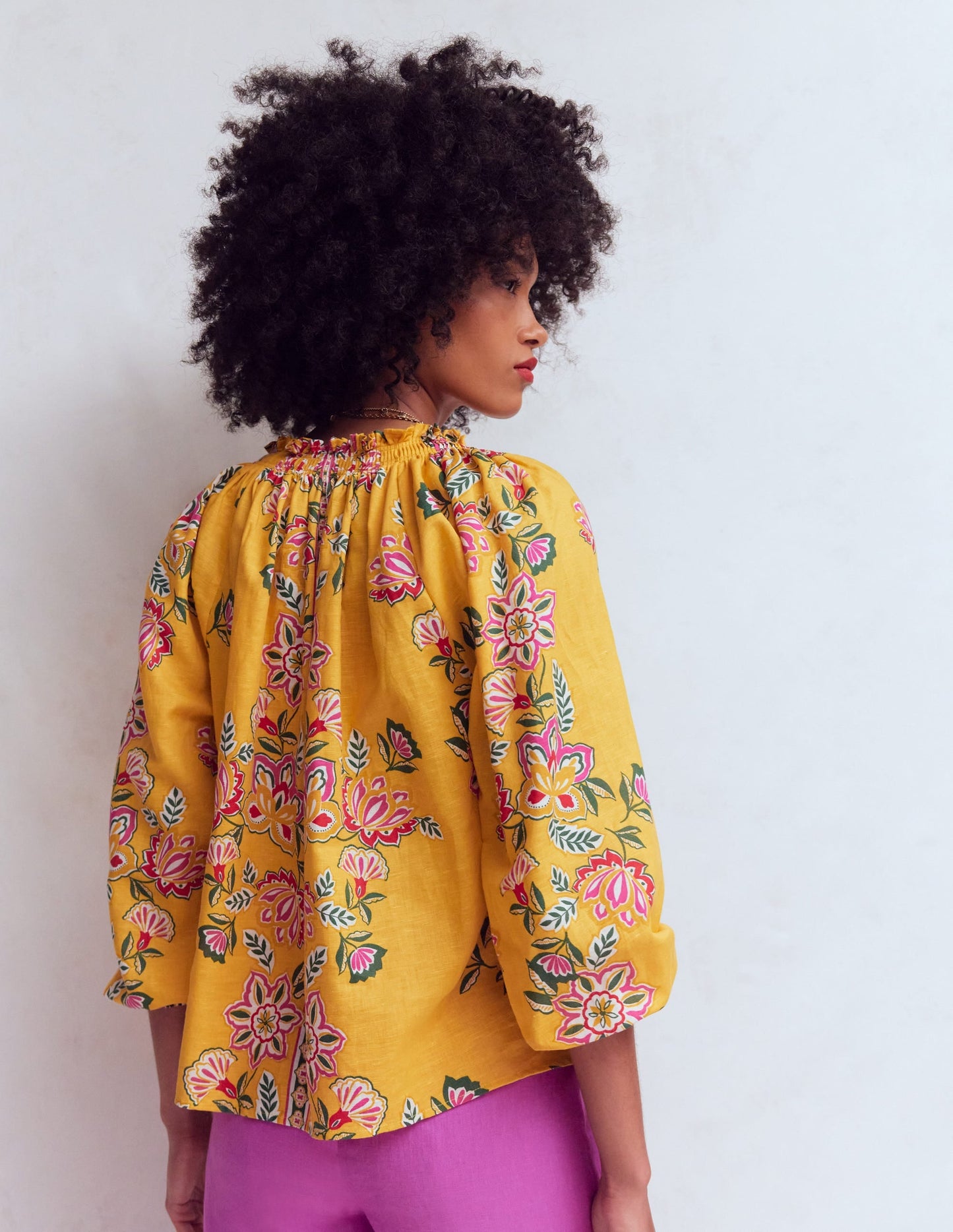 Serena Pleat Neck Linen Top-Marigold, Blossom Elegance