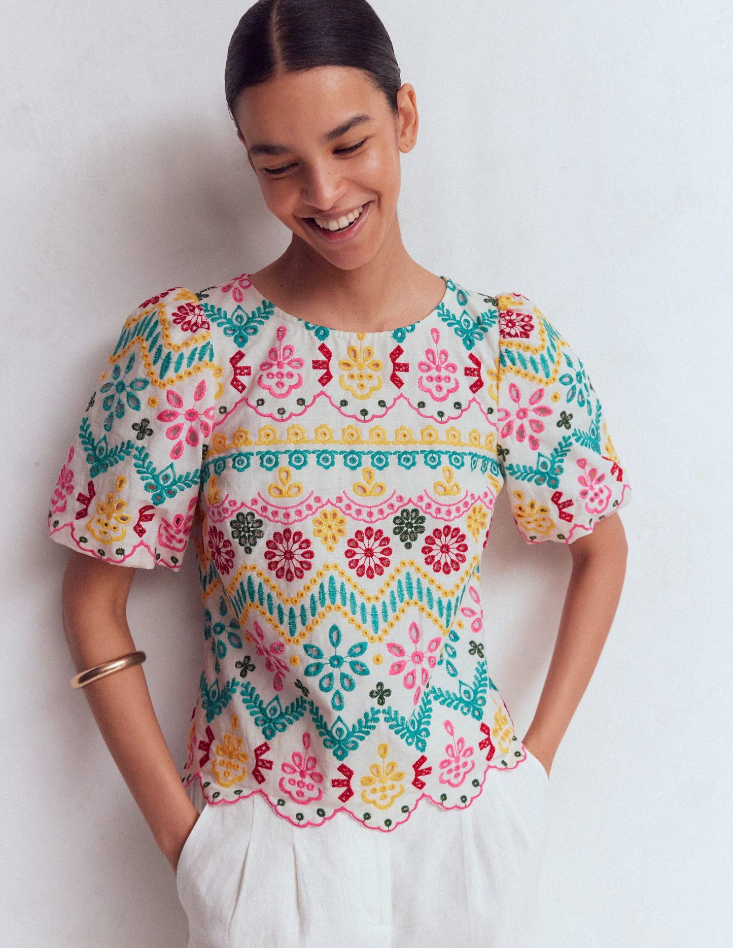 Linen Puff Sleeve Top-Multi Broderie