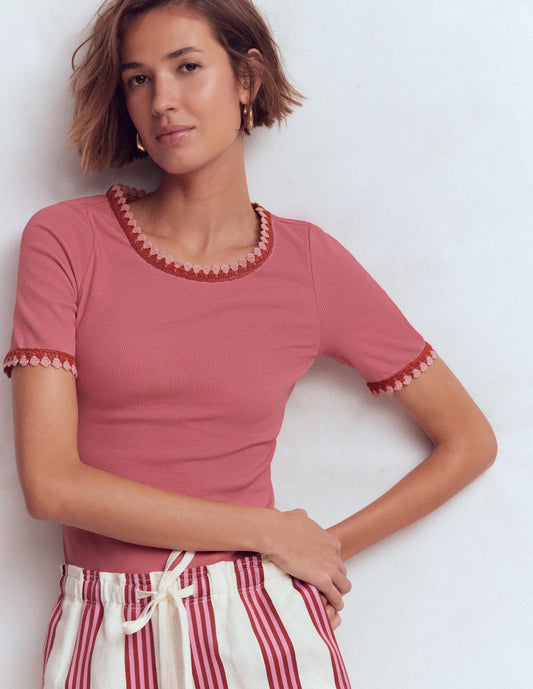Maddie Trim Detail T-Shirt-Vintage Rose