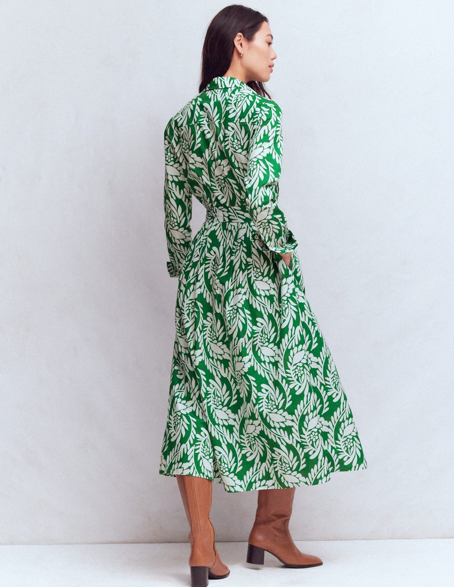 Alexa Cotton Midi Shirt Dress-Fresh Green, Scattered Vine