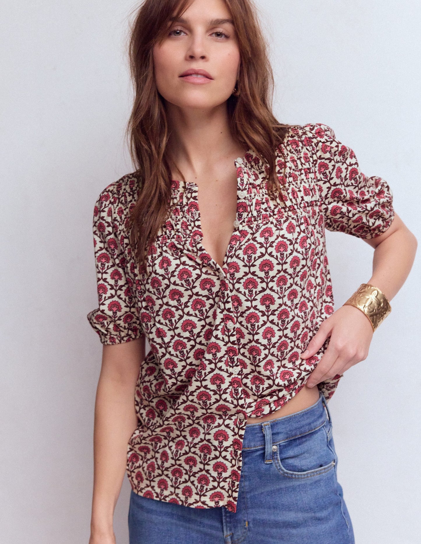 Mya Short Sleeve Smocked Shirt-Strawberry Pink,Flower Lattice