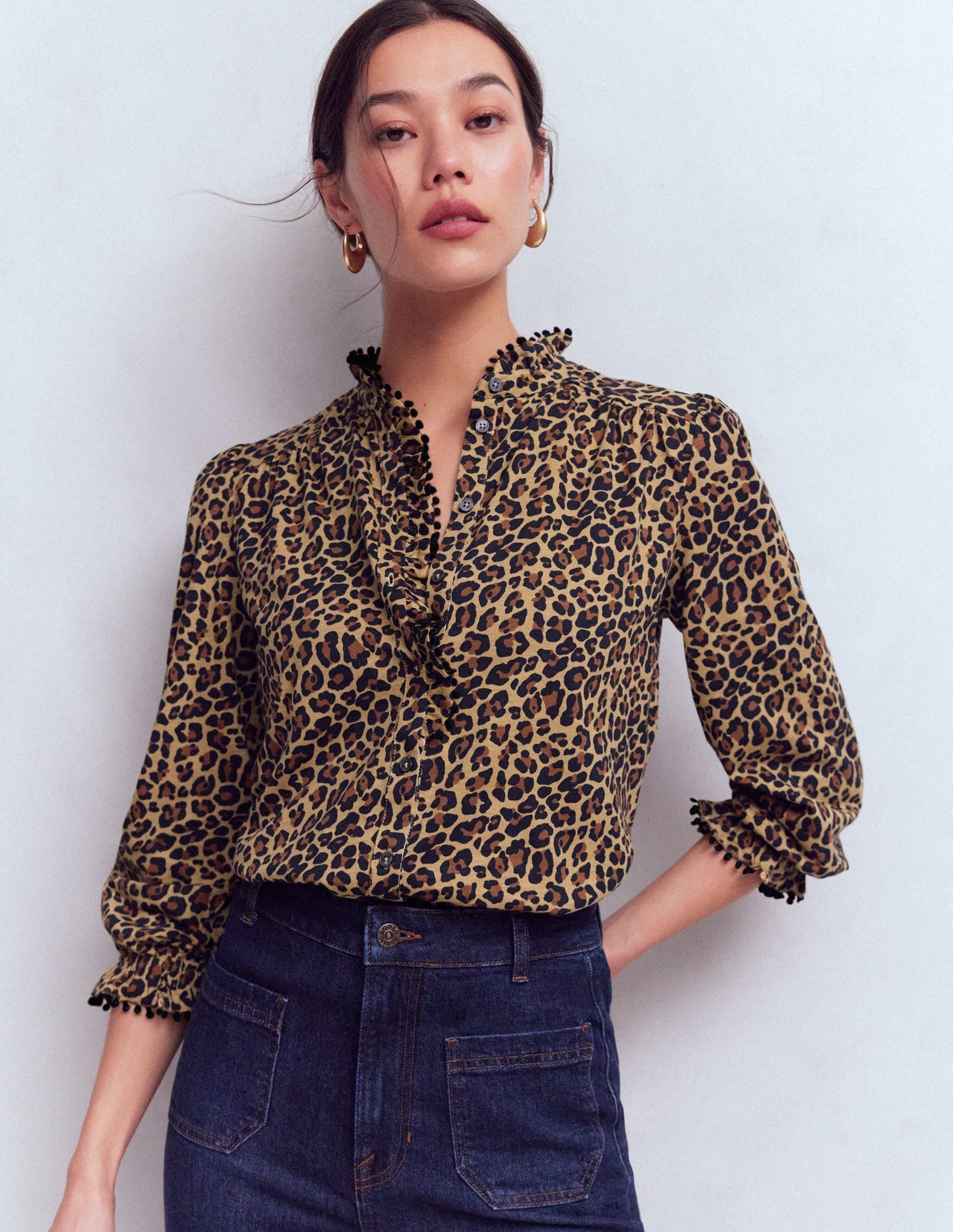 Emily Pom Trim Ruffle Shirt-Cheetah Spot