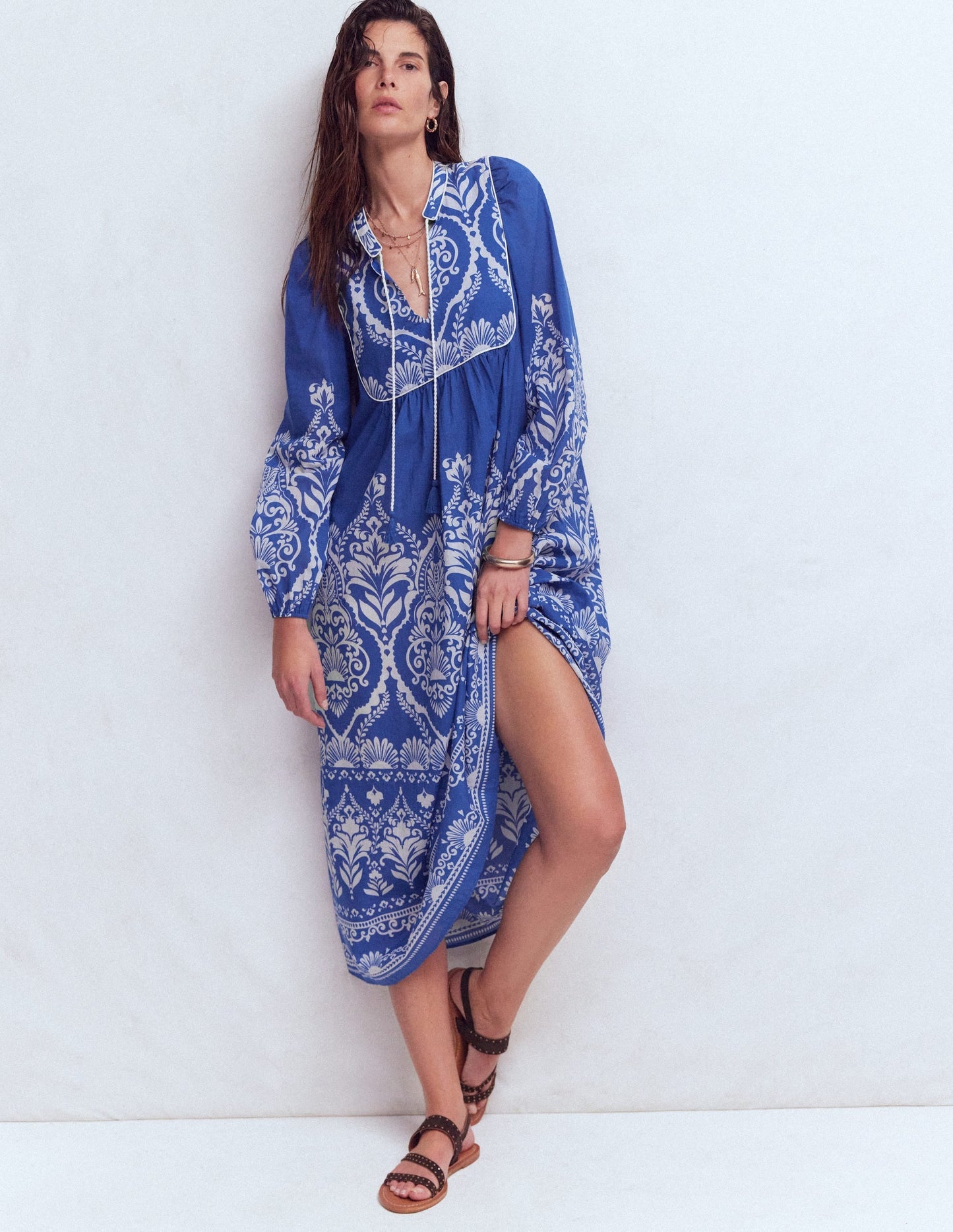 Boho Tie Neck Kaftan-Blue Ornamental Garden